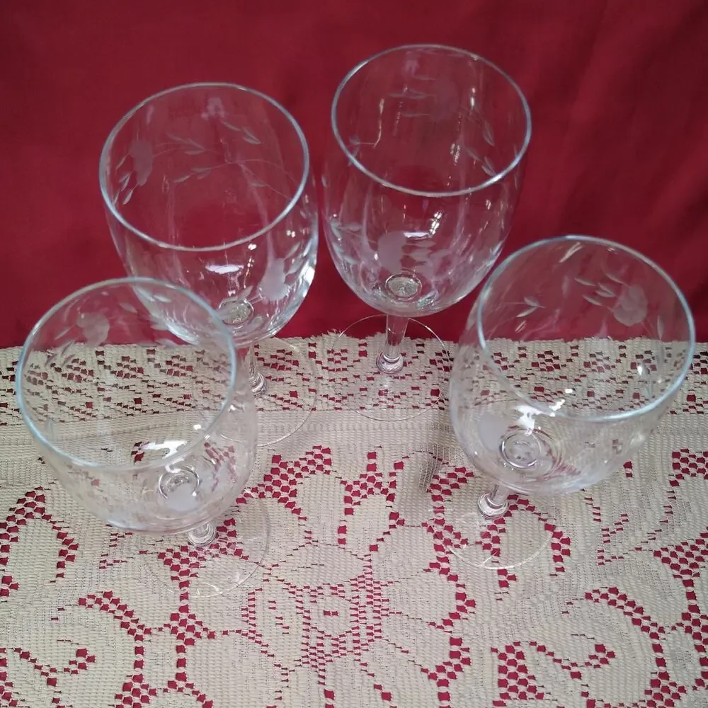 Princess House Heritage 418 Goblet Floral Drinkware Clear Set 4 Crystal Vintage
